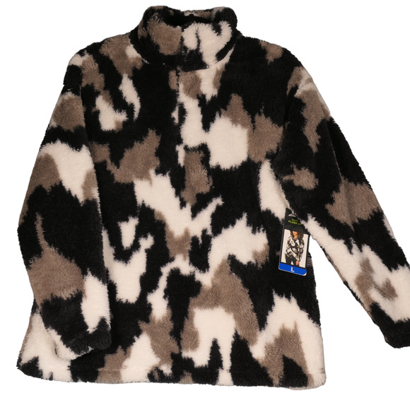 NWT Eddie Bauer Fleece Sweatshirt Women Large Black Camo Outdoor Chic Athleisure - Picture 1 of 11